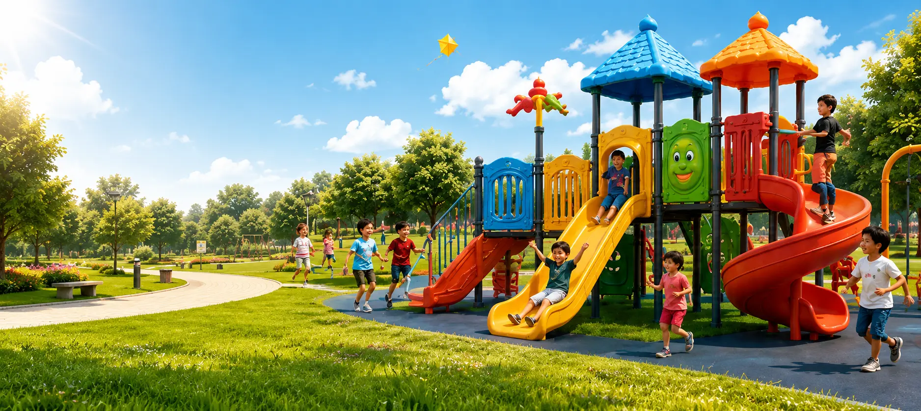 Children playing on colorful modern playground equipment with slides and swings